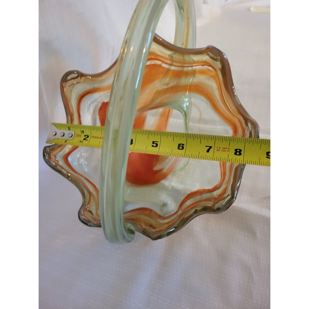 Vintage Hand Blown Art Glass Basket Orange Green Swirl Ruffled Edge Centerpiece - Picture 5 of 6